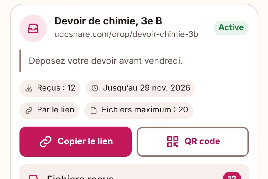 Écran Dropzones d'UDCShare : chaque Dropzone affiche son lien, le bouton Copier le lien, le QR code et le nombre de fichiers reçus.