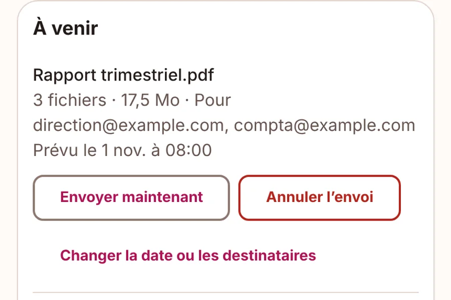 Écran Envois programmés d'UDCShare : zone pour choisir des fichiers, liste des envois à venir avec les boutons Envoyer maintenant et Annuler l'envoi.