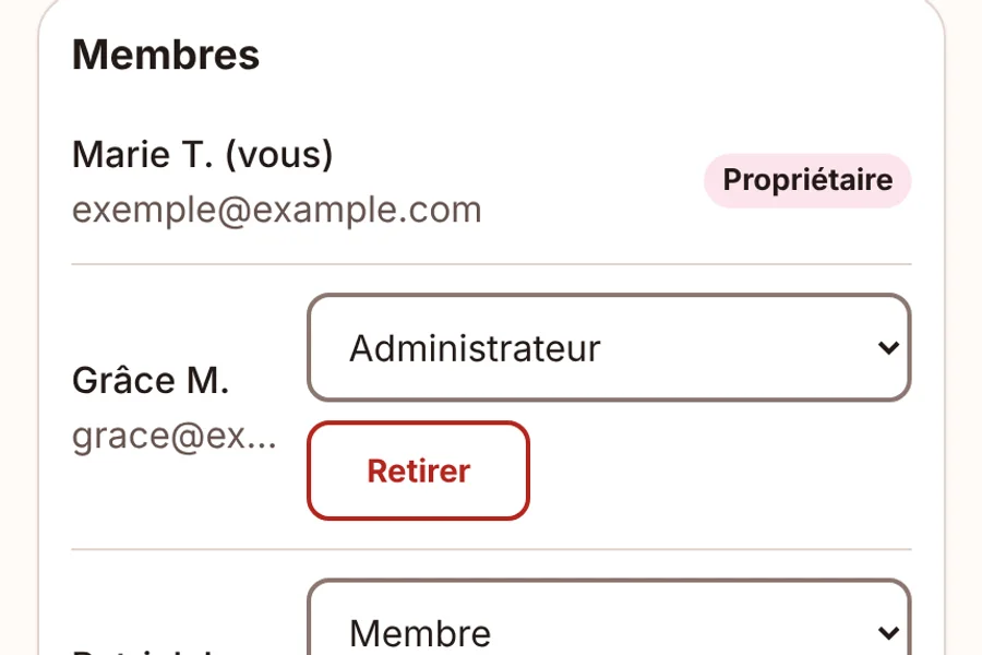 Écran Mon équipe d'UDCShare : la liste des membres avec leur rôle (propriétaire, administrateur, membre, lecteur) et les boutons pour changer le rôle ou retirer un membre.