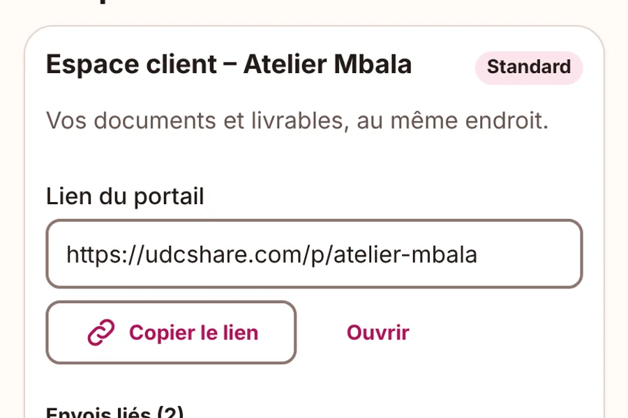 Écran Portails clients d'UDCShare : un portail avec son titre, son lien à copier, le bouton Copier le lien et la liste des envois liés.